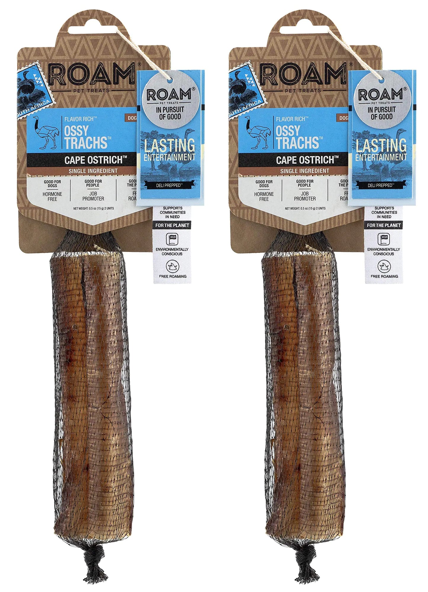 ROAM Pet Treats Ossy Trachs Chews Pack of 2 for Medium and Large Dogs – Long Lasting Ostrich Trachea Dog Chews