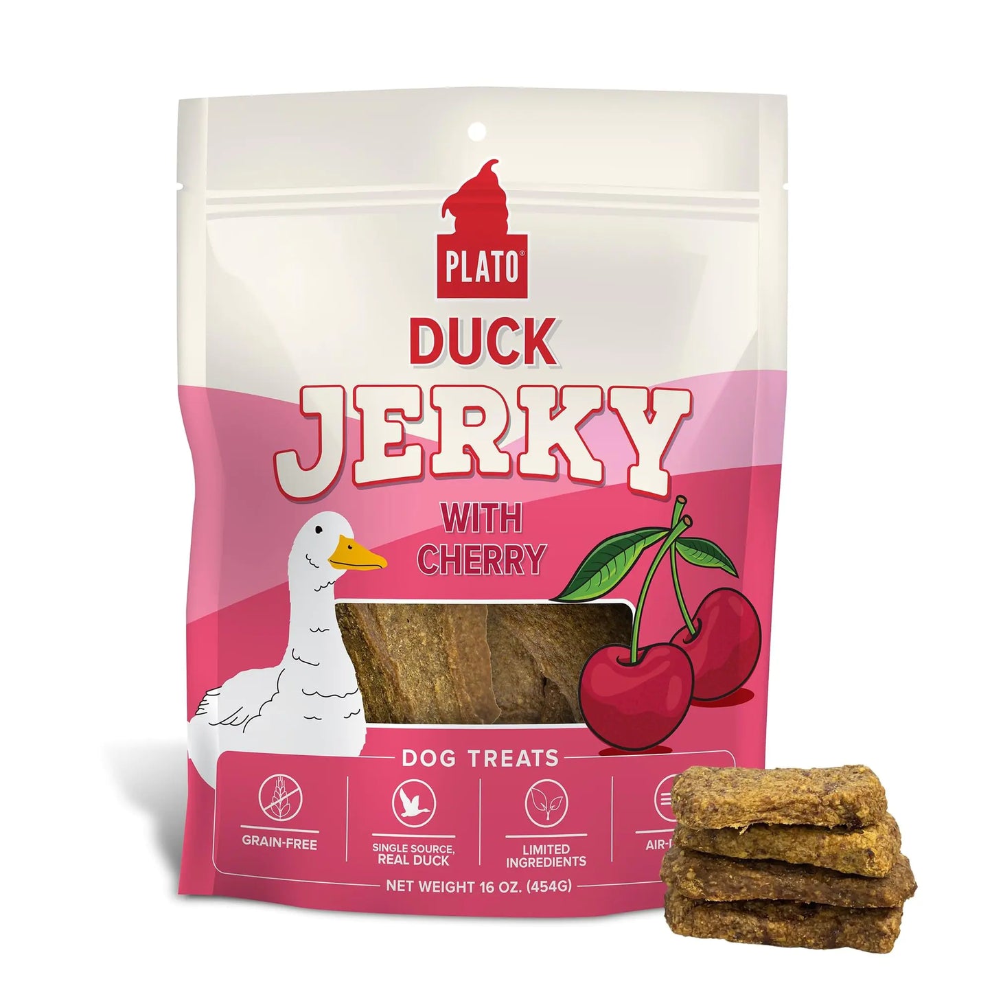 PLATO Pet Treats Jerky Dog Treats - Air-Dried Jerky for Dogs - Delicious Real Meat Dog Treats - Grain Free - Supports Healthy Digestion - Duck Jerky with Cherry 16oz