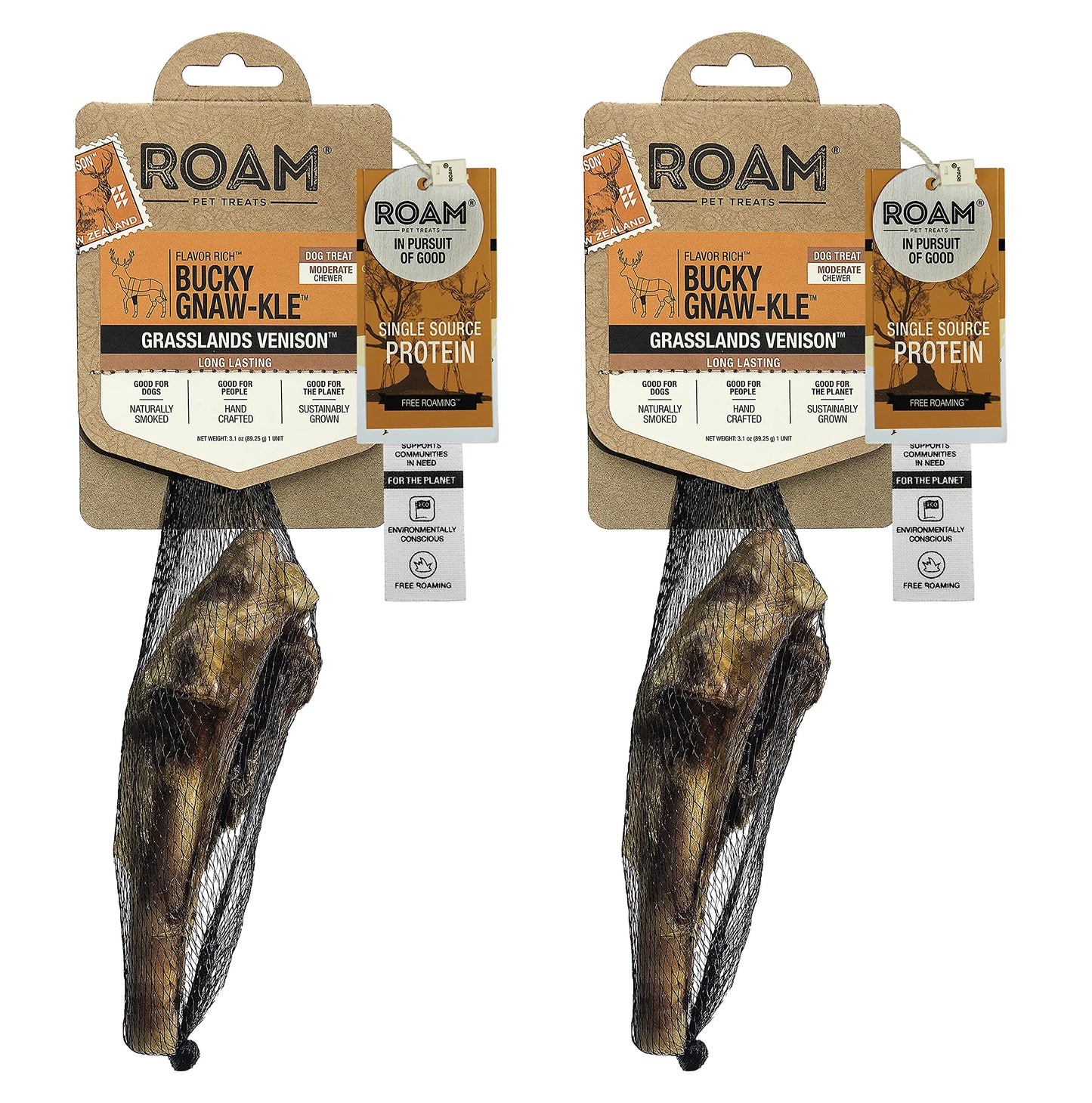 ROAM Pet Treats Bucky Gnaw-kle – Grasslands Venison Knuckle Dog Chew Single Ingredient All Natural Grain-Free & Gluten-Free (2 Pack)