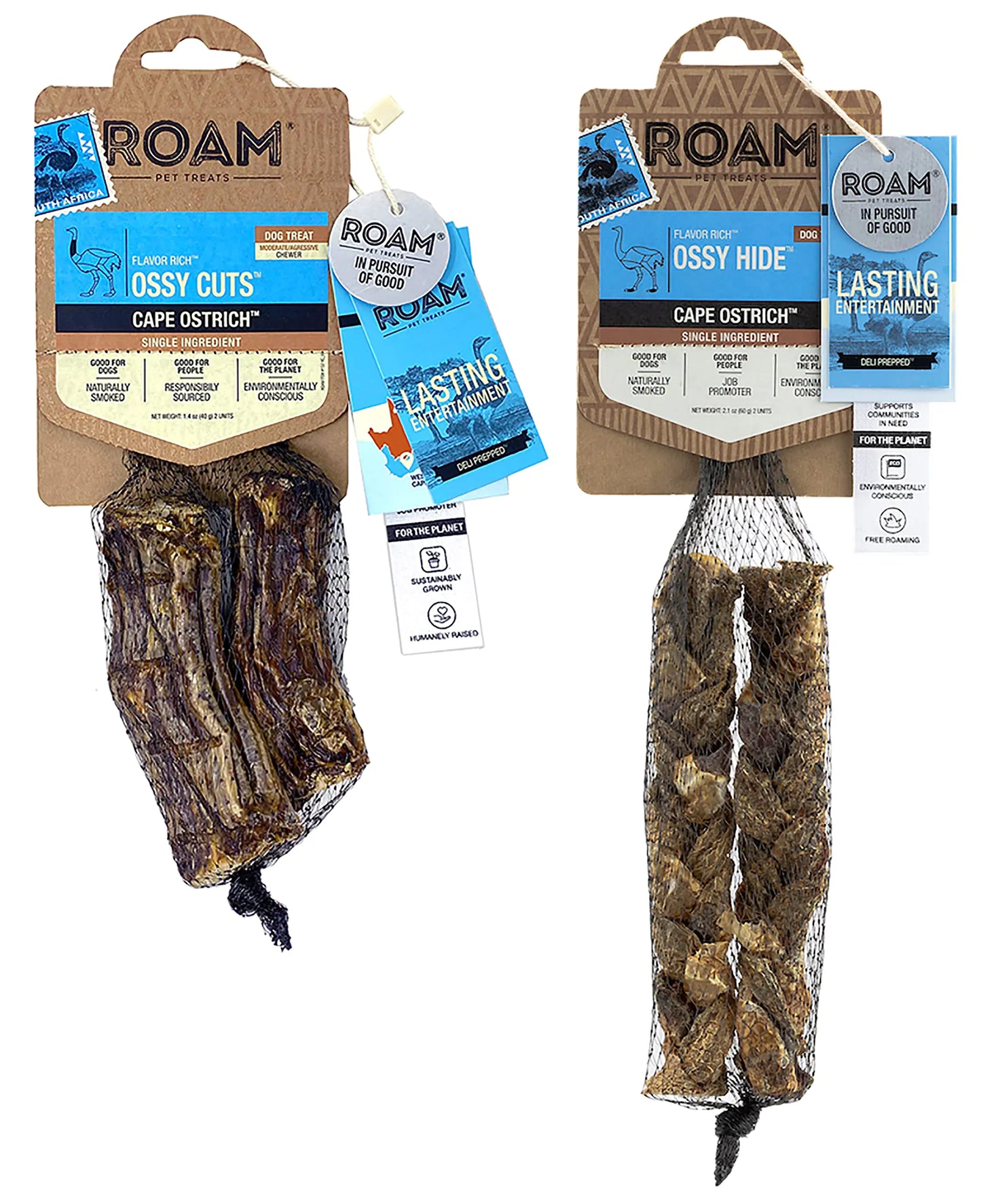 ROAM Pet Treats Ossy Cuts and Ossy Hide – Ostrich Neck Dog Chew and Braided Hide Chew – Includes 2 Cuts and 2 Hides